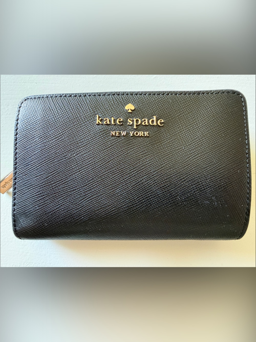 kate spade Black Saffiano Zip Wallet with Gold Logo
